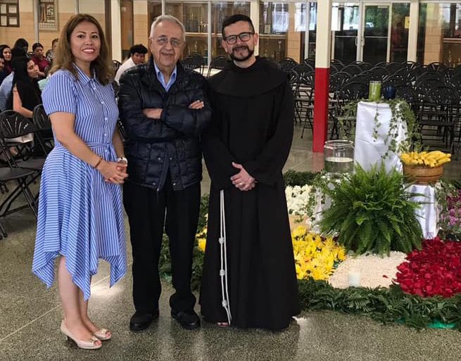 Lia Garcia, director of the Hispanic Ministry Office in the Archdiocese of Baltimore, and Franciscan Father Edgardo Jara Araya, right, who works with Small Christian Communities in the Archdiocese of Washington, pose with Father José Marins of Brazil, one of the pioneers of such communities in Latin America, during a regional gathering of small communities in this file photo. (OSV News photo/courtesy Hispanic Ministry Office Archdiocese of Baltimore) Editors: best quality available.